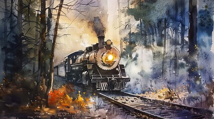 Watercolor of a vintage steam train chugging through a vibrant autumn landscape, colorful leaves framing the powerful locomotive