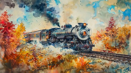 Watercolor of a vintage steam train chugging through a vibrant autumn landscape, colorful leaves framing the powerful locomotive