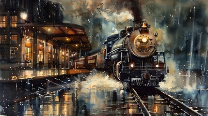 Watercolor painting of a historic steam train at a rain-drenched station, the rain creating a shimmering curtain in front of the dimly lit train