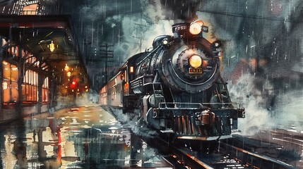 Watercolor painting of a historic steam train at a rain-drenched station, the rain creating a shimmering curtain in front of the dimly lit train