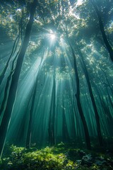Dive into the surreal beauty of a submerged forest, where sunlight filters through the water, casting an ethereal glow, Generative AI