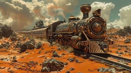 Visualize a steam-powered Victorian era train traversing Mars rocky terrain, with advanced holographic guides, in a vibrant steampunk-meets-sci-fi illustration style