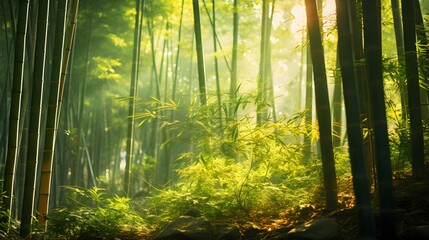 Morning in the forest, panoramic view of the forest.