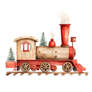 Watercolor illustration of a wooden toy train on a white background.