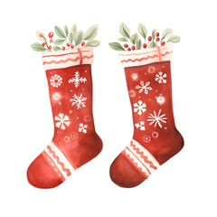 Watercolor Christmas socks isolated on white background. Hand drawn illustration.