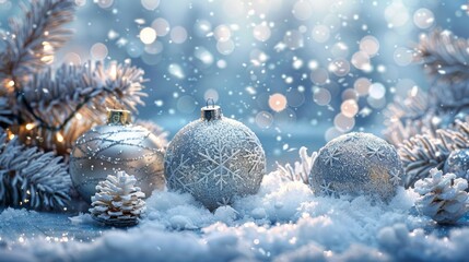 A charming winter setting with sparkling snowflakes and shiny balls