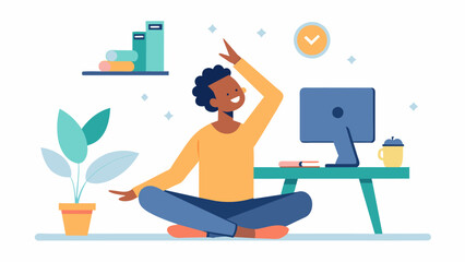 A person sits at their desk taking frequent breaks to do simple stretches and breathing exercises. These small acts may not seem like much but they.