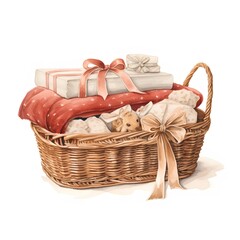 Basket with gifts on a white background. Watercolor illustration.