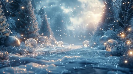 A festive winter wonderland scene with swirling snowflakes and sparkling balls