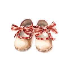 Watercolor illustration of a pair of baby shoes with a red bow
