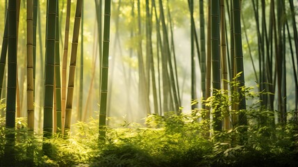 Panoramic view of a bamboo forest in a morning fog.