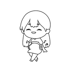 A girl is wearing headphones and is walking