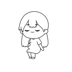 A cartoon girl is sitting on the ground with her hands on her stomach