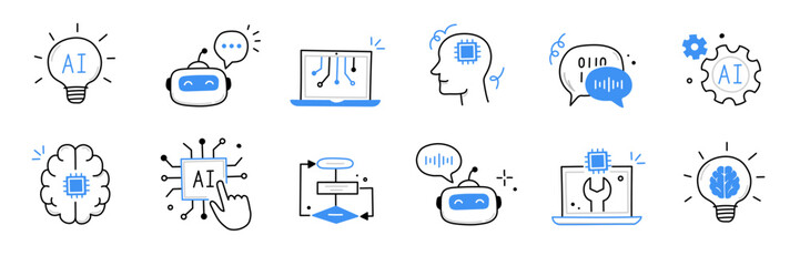 Artificial ai brain icon. Ai machine digital robot hand drawn doodle line icon. Artificial brain algorithm machine science concept. Hand drawn sketch style cute blue line. Vector illustration