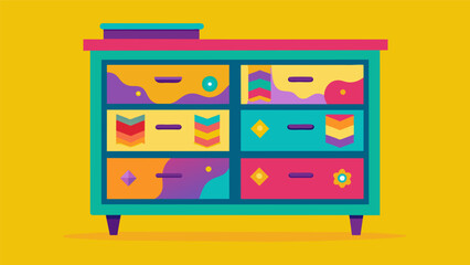 A once dull and lifeless dresser now vibrant and refreshed with a colorful new paint job and handpainted designs.. Vector illustration