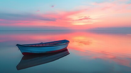 A boat floating on calm waters at dawn, reflecting the pastel sky in its reflection. The scene is peaceful and serene