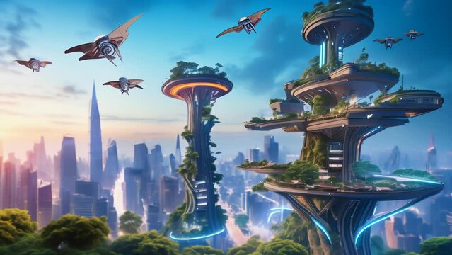 Fantastical treehouses with glowing, curving architecture rise above a floating futuristic cityscape shrouded in mist. 