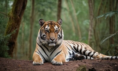 A Bengal Tiger at Rest with a Lush Jungle Backdrop