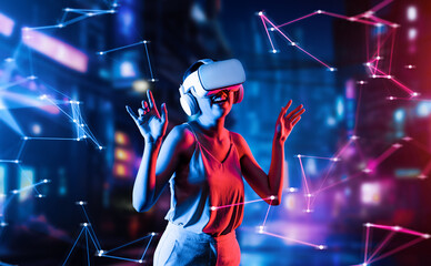 Female standing in virtual reality cyberpunk style building in meta wearing VR headset connecting metaverse, future cyberspace community technology, She enjoy dancing raising two arms. Hallucination.