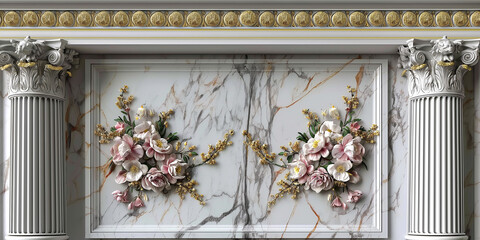 Luxury white marble walls are decorated with gold lines, and flowers.