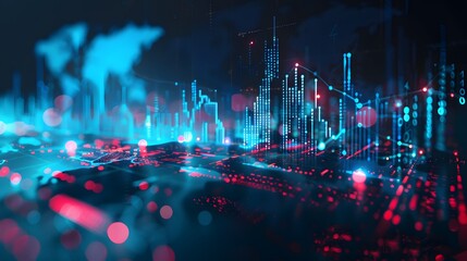 Fototapeta premium A digital stock market graph with data points and charts, representing the concept of financial innovation in trading on virtual exchange platforms.