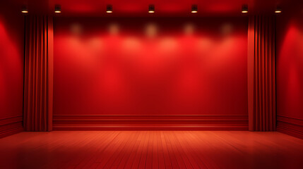 Red background wall with wooden floor, spotlight shining on the stage