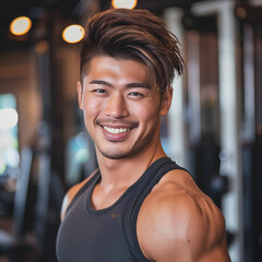 Obraz premium Japanese Male Personal Trainer Smiling with Gym Background