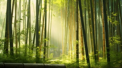 Sunlight in the green forest. Panoramic view of the forest at dawn