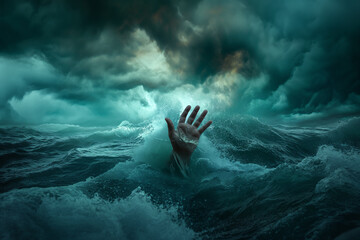 Hand rise from water of the sea as drown illustration