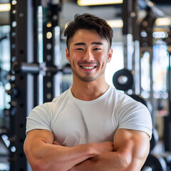 Japanese Male Personal Trainer Smiling with Gym Background