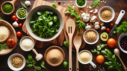 Organic vegetarian ingredients and kitchen tools. Healthy, clean food and eating concept. Top view....