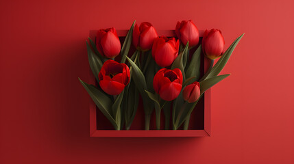Fototapeta premium Vibrant Red Tulips Elegantly Presented in a Red Box