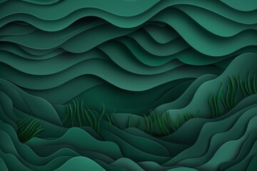 Dark seaweed green paper waves abstract banner design. Elegant wavy vector background