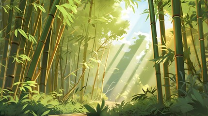 Bamboo forest in the morning. Panoramic view. 3D illustration