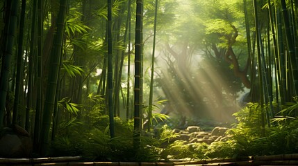 Bamboo forest in the morning. Bamboo forest with sunbeams