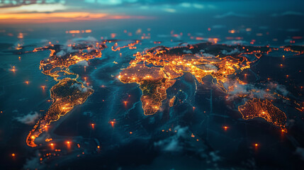 Fototapeta premium Digital composite image of Earth at night showcasing glowing city lights and network connections across continents.
