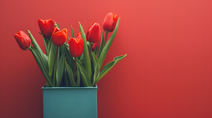 Vibrant Red Tulips in a Blue Vase Against Red Background
