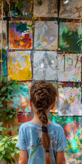 Fototapeta premium A child girl looking at abstract colorful artwork, hand painted, childhood daycare nursery illustration photo, ECE, imagination and learning, education, growth. Background with space for text