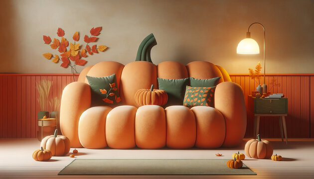 Cozy autumnal scene featuring pumpkin-themed furniture and decor in a warmly lit room.