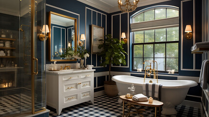 Nautical-themed bathroom with navy stripes and brass accents,