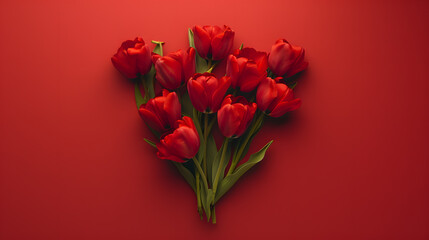 Heart-Shaped Arrangement of Red Tulips on Crimson Background
