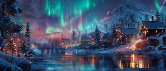 Aurora village A village where the aurora borealis is always visible, its colors reflecting in the life and culture of its peopl, AI Generative