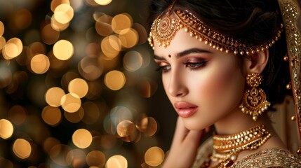 Beauty model with golden makeup, hair, and jewellery, opulent style, black backdrop, AI Generative
