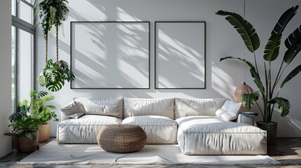 Blank picture frame on a white wall, sleek Scandinavian living room, modern sofa, AI Generative