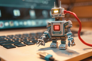 usb plugged into computer and robot using computer