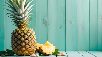 Ripe pineapple and beach sea life style objects over pastel mint blue wooden background. Tropical...
