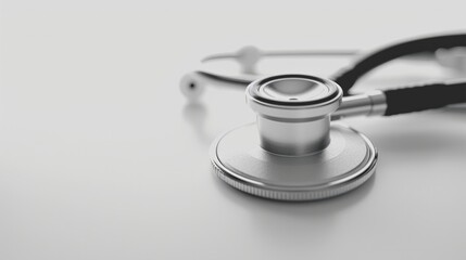 Detailed close-up of a medical stethoscope lying on a pristine white background, emphasizing its sleek design and clinical importance. The , AI Generative