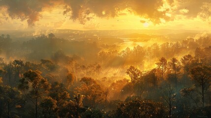 dense rainforest panorama, diverse vegetation, distant mountain panorama, surrealism, peaceful, AI Generative