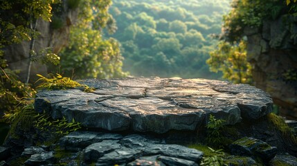 Flat stone podium, gray rock platform, green forest and blue horizon, scenic landscape for product display, soft daylight ambiance, AI Generative - Powered by Adobe