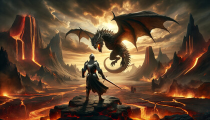 A heroic knight in armor confronts a fiery dragon amidst a volcanic, lava-filled landscape under a dramatic sky..